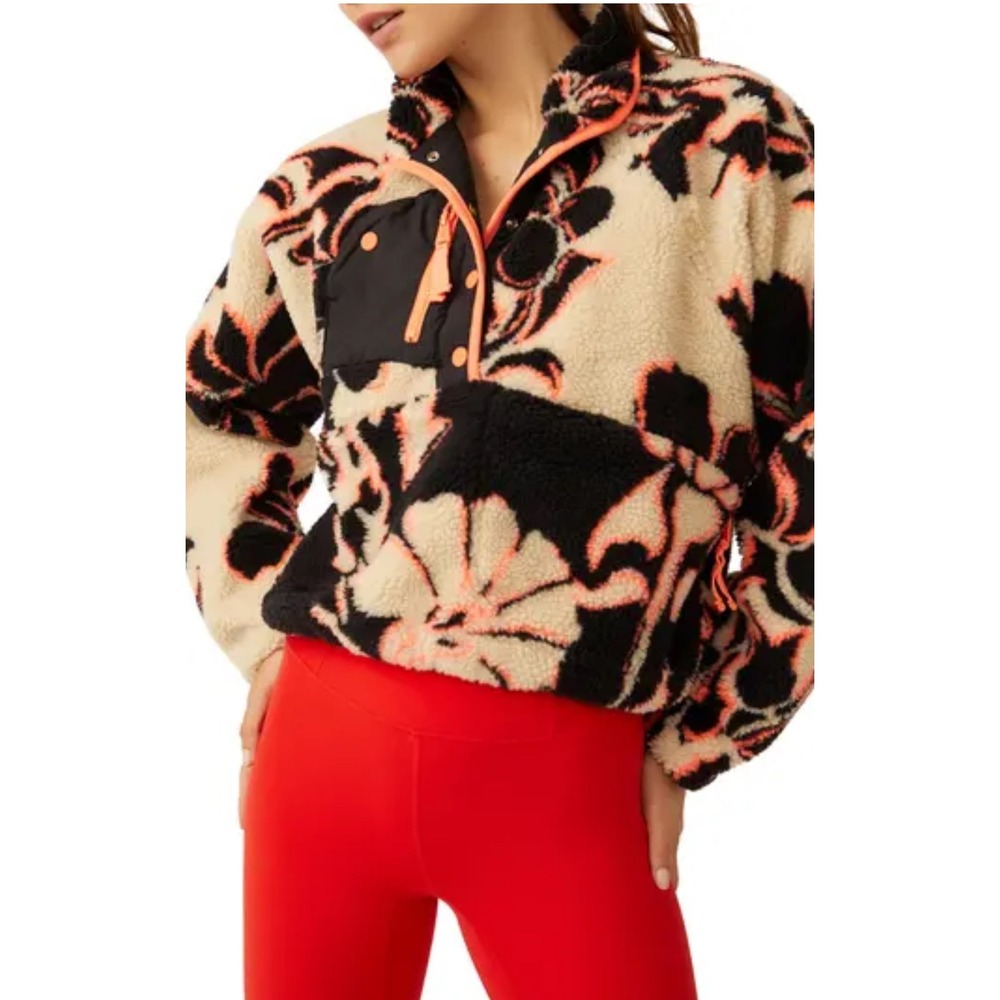FP Movement by Free People Floral Sherpa Pullover in Cream, Black & Coral